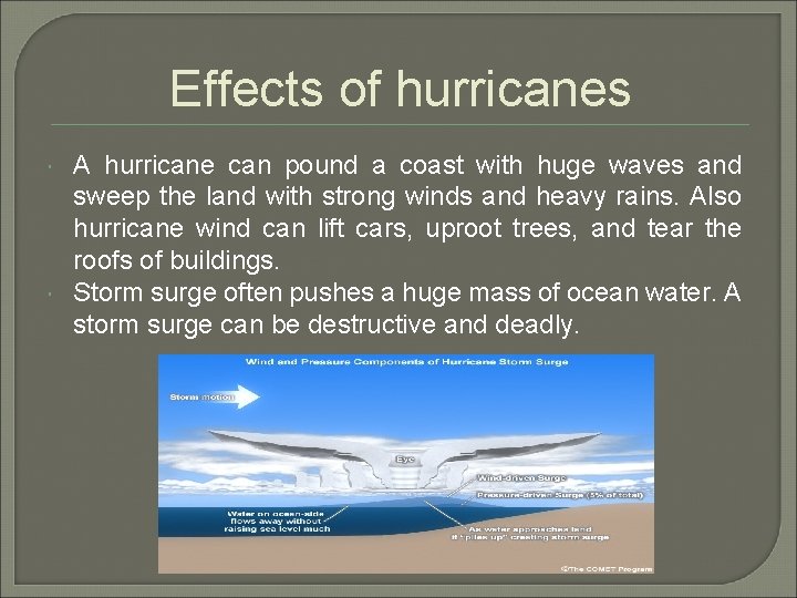 Effects of hurricanes A hurricane can pound a coast with huge waves and sweep