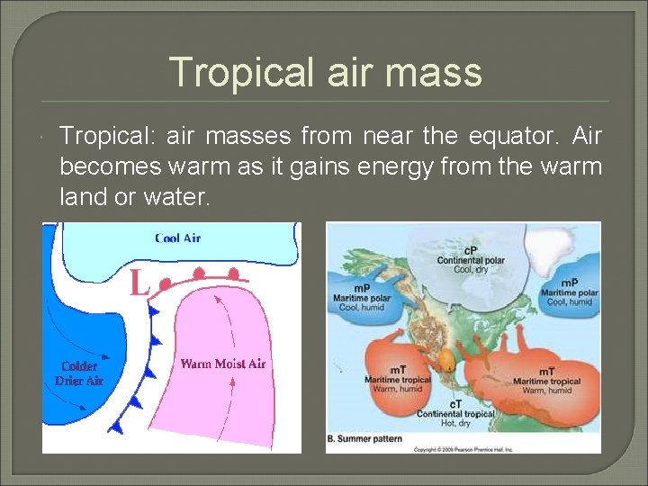 Tropical air mass Tropical: air masses from near the equator. Air becomes warm as
