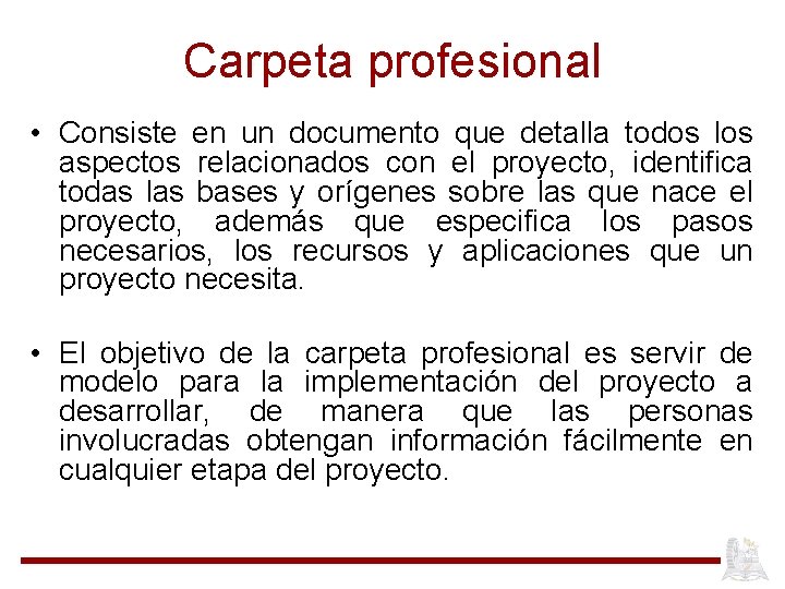 Carpeta profesional • Consiste en un documento que detalla todos los aspectos relacionados con