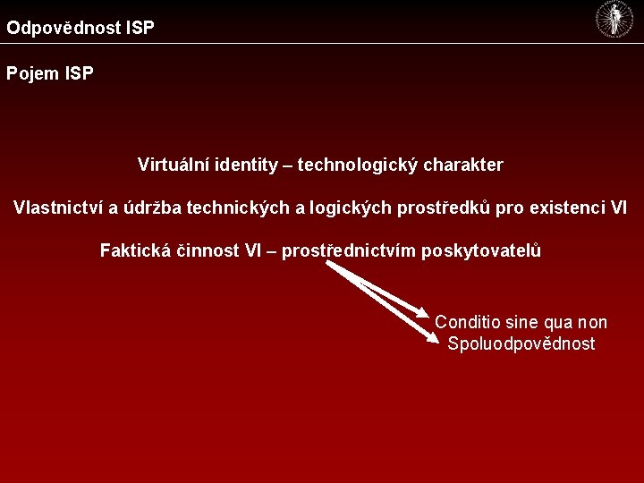 Odpovědnost ISP Pojem ISP Virtuální identity – technologický charakter Vlastnictví a údržba technických a