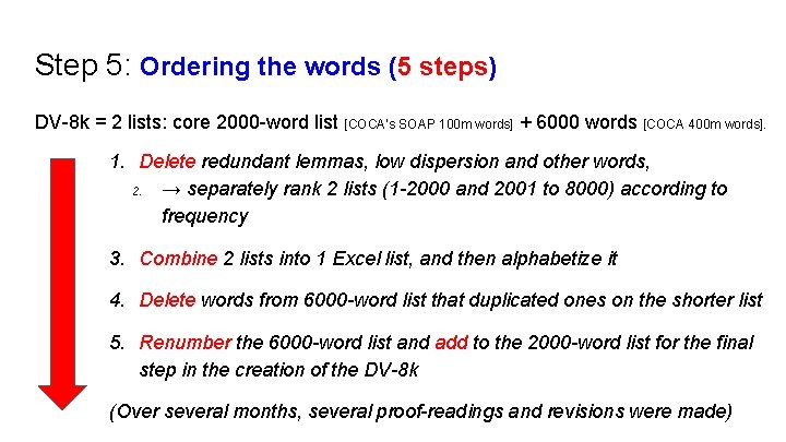 Step 5: Ordering the words (5 steps) DV-8 k = 2 lists: core 2000