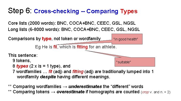 Step 6: Cross-checking -- Comparing Types Core lists (2000 words): BNC, COCA+BNC, CEEC, GSL,