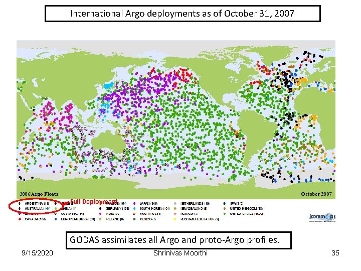 International Argo deployments as of October 31, 2007 Full Deployment GODAS assimilates all Argo