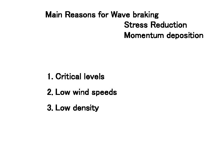 Main Reasons for Wave braking Stress Reduction Momentum deposition 1. Critical levels 2. Low