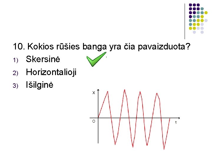10. Kokios rūšies banga yra čia pavaizduota? 1) Skersinė 2) Horizontalioji 3) Išilginė 