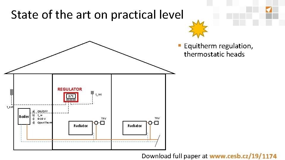 State of the art on practical level § Equitherm regulation, thermostatic heads REGULATOR 21°C State of the art on practical level § Equitherm regulation, thermostatic heads REGULATOR 21°C