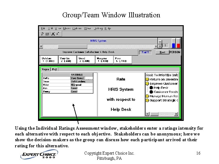 Group/Team Window Illustration Using the Individual Ratings Assessment window, stakeholders enter a ratings intensity Group/Team Window Illustration Using the Individual Ratings Assessment window, stakeholders enter a ratings intensity