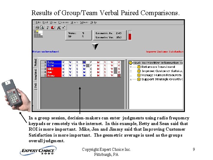 Results of Group/Team Verbal Paired Comparisons. In a group session, decision-makers can enter judgments Results of Group/Team Verbal Paired Comparisons. In a group session, decision-makers can enter judgments
