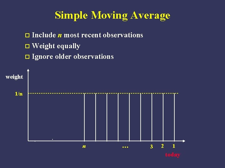 Simple Moving Average Include n most recent observations o Weight equally o Ignore older