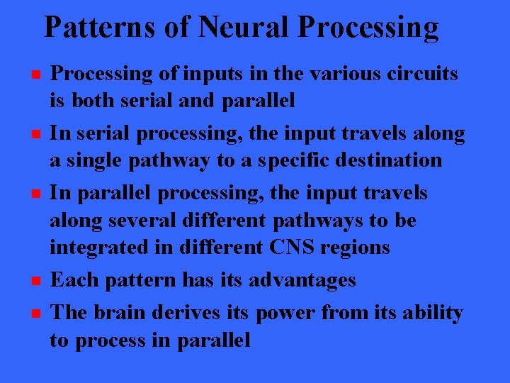 Patterns of Neural Processing n n n Processing of inputs in the various circuits