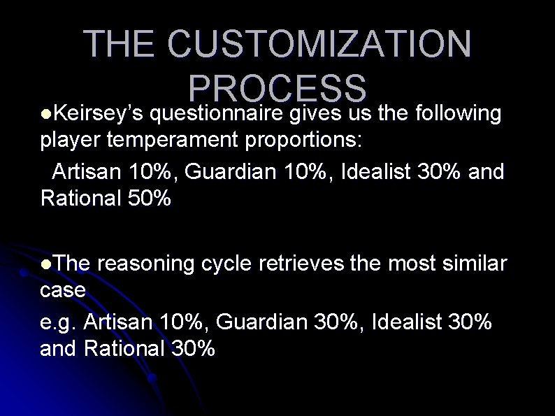 THE CUSTOMIZATION PROCESS l. Keirsey’s questionnaire gives us the following player temperament proportions: Artisan