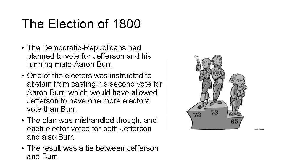 The Election of 1800 • The Democratic-Republicans had planned to vote for Jefferson and