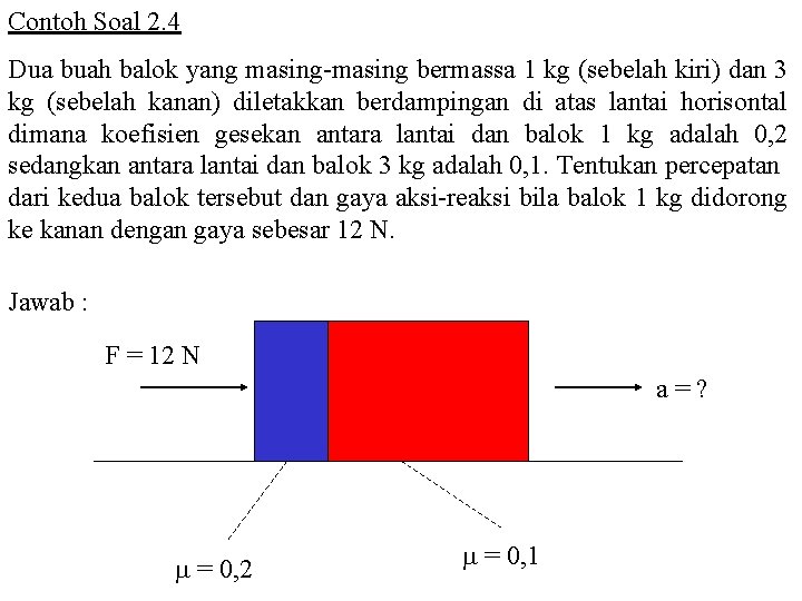 Contoh Soal 2. 4 Dua buah balok yang masing-masing bermassa 1 kg (sebelah kiri)