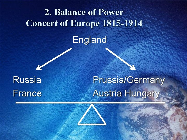 2. Balance of Power Concert of Europe 1815 -1914 England Russia France Prussia/Germany Austria