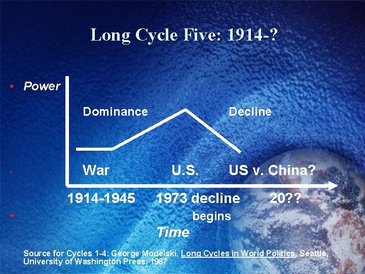 Long Cycle Five: 1914 -? • Power Dominance • War 1914 -1945 Decline U.
