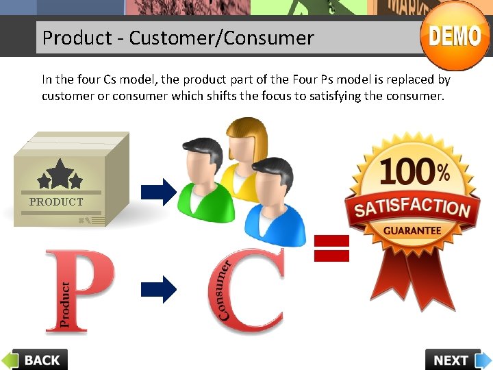 Product - Customer/Consumer In the four Cs model, the product part of the Four