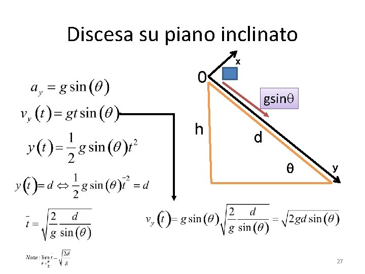 Discesa su piano inclinato x 0 gsinq h d q y 27 Discesa su piano inclinato x 0 gsinq h d q y 27
