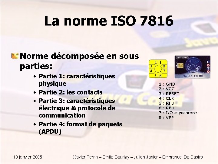La norme ISO 7816 Norme décomposée en sous parties: • Partie 1: caractéristiques physique La norme ISO 7816 Norme décomposée en sous parties: • Partie 1: caractéristiques physique