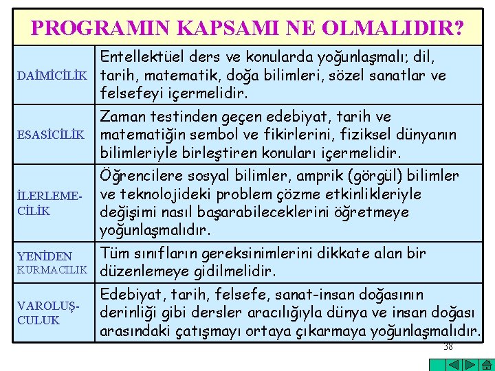 PROGRAMIN KAPSAMI NE OLMALIDIR? Entellektüel ders ve konularda yoğunlaşmalı; dil, DAİMİCİLİK tarih, matematik, doğa