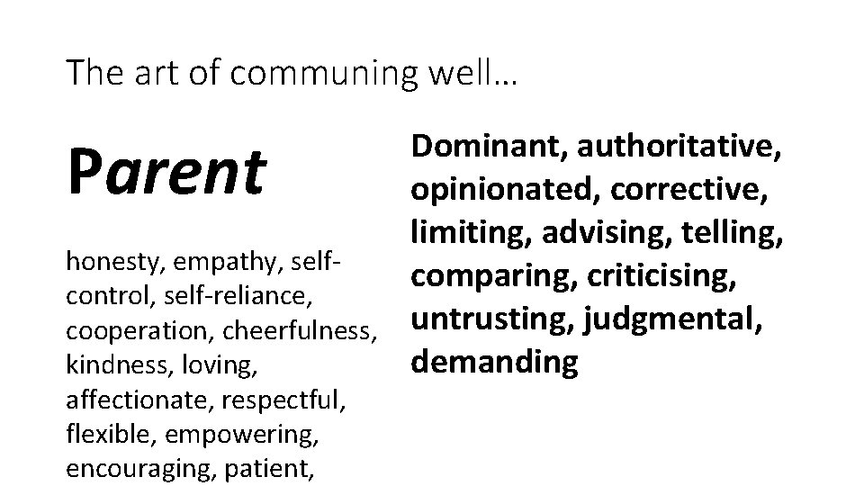 The art of communing well… Parent honesty, empathy, selfcontrol, self-reliance, cooperation, cheerfulness, kindness, loving,