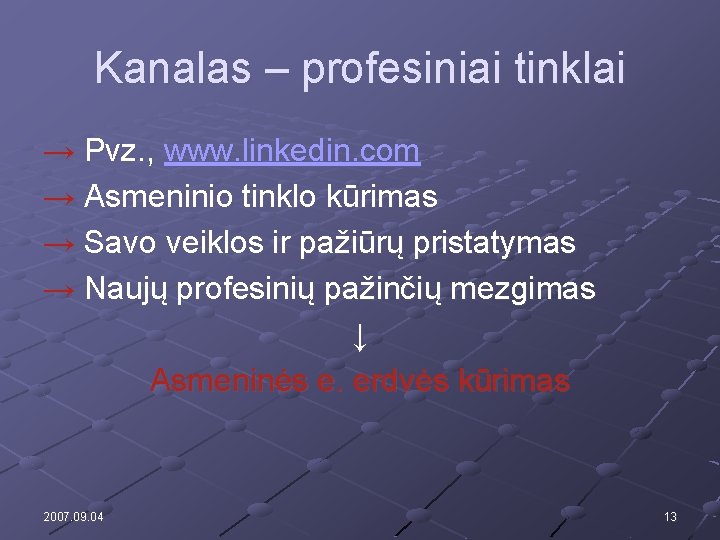 Kanalas – profesiniai tinklai → Pvz. , www. linkedin. com → Asmeninio tinklo kūrimas