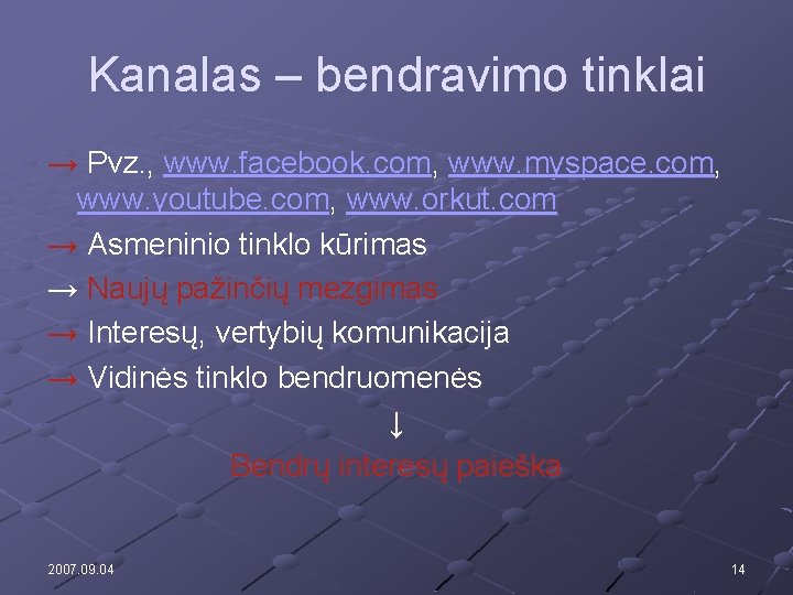 Kanalas – bendravimo tinklai → Pvz. , www. facebook. com, www. myspace. com, www.