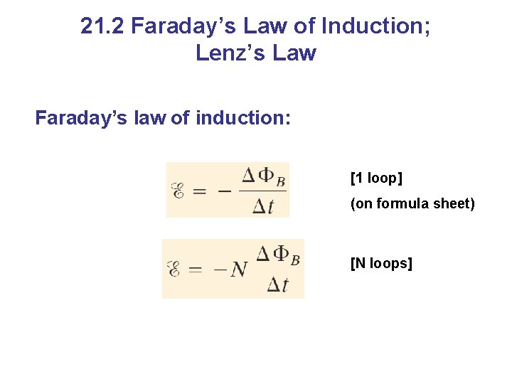 21. 2 Faraday’s Law of Induction; Lenz’s Law Faraday’s law of induction: [1 loop]