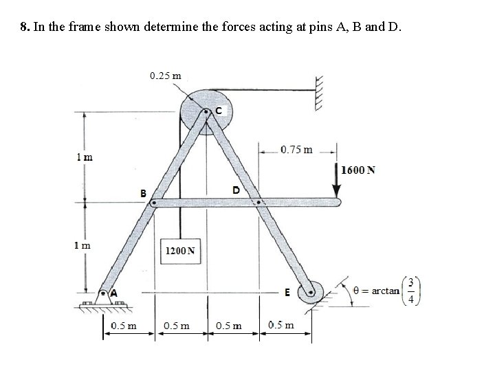 8. In the frame shown determine the forces acting at pins A, B and