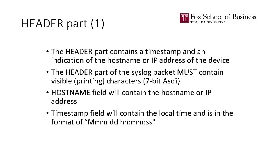 HEADER part (1) • The HEADER part contains a timestamp and an indication of