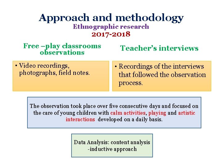 Approach and methodology Ethnographic research 2017 -2018 Free –play classrooms observations • Video recordings, Approach and methodology Ethnographic research 2017 -2018 Free –play classrooms observations • Video recordings,