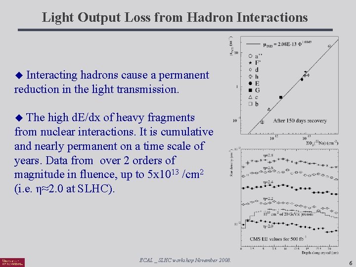 Light Output Loss from Hadron Interactions Interacting hadrons cause a permanent reduction in the