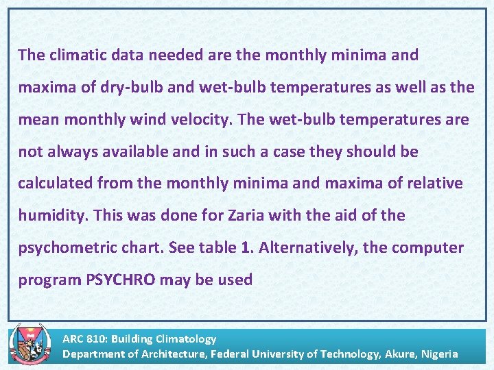 . The climatic data needed are the monthly minima and maxima of dry-bulb and