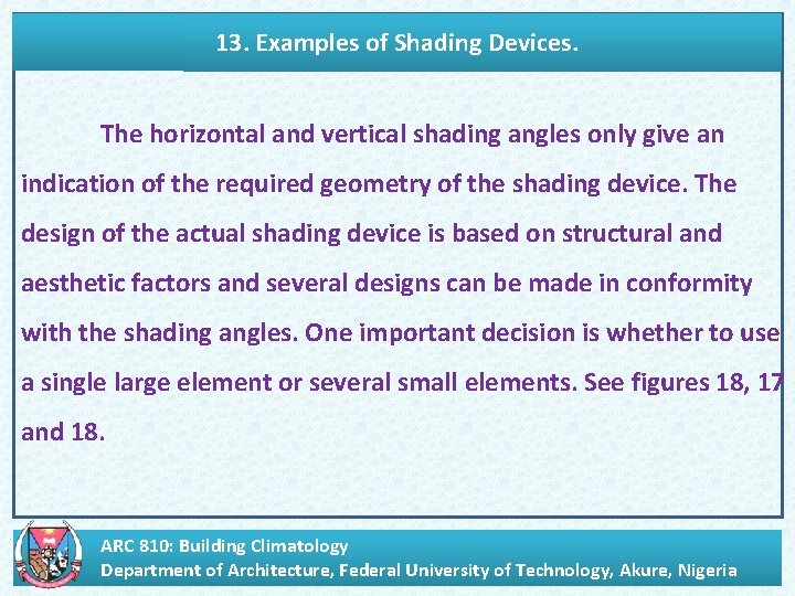 13. Examples of Shading Devices. The horizontal and vertical shading angles only give an