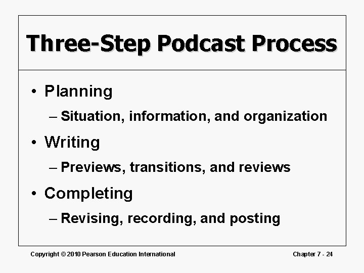 Three-Step Podcast Process • Planning – Situation, information, and organization • Writing – Previews,