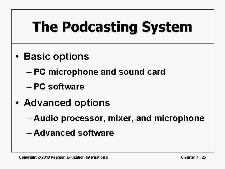 The Podcasting System • Basic options – PC microphone and sound card – PC
