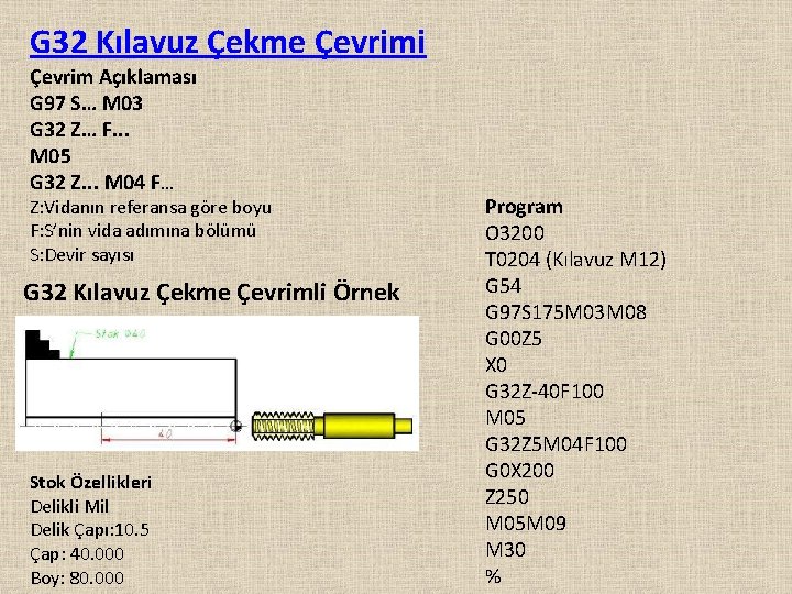 G 32 Kılavuz Çekme Çevrimi Çevrim Açıklaması G 97 S… M 03 G 32