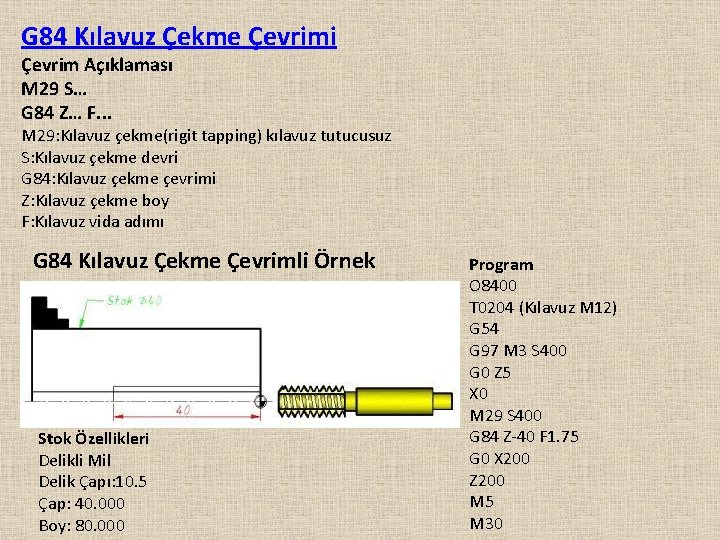 G 84 Kılavuz Çekme Çevrimi Çevrim Açıklaması M 29 S… G 84 Z… F.