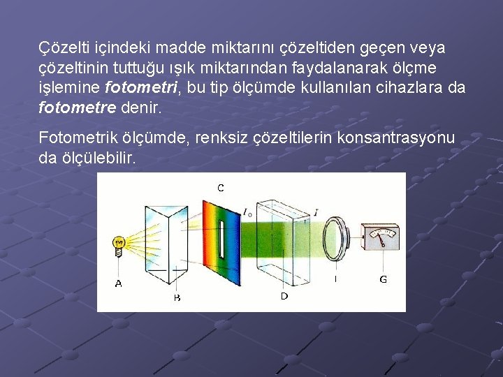 Çözelti içindeki madde miktarını çözeltiden geçen veya çözeltinin tuttuğu ışık miktarından faydalanarak ölçme işlemine