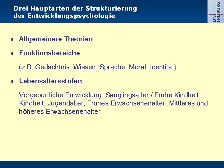 Drei Hauptarten der Strukturierung der Entwicklungspsychologie Allgemeinere Theorien Funktionsbereiche (z. B. Gedächtnis, Wissen, Sprache,