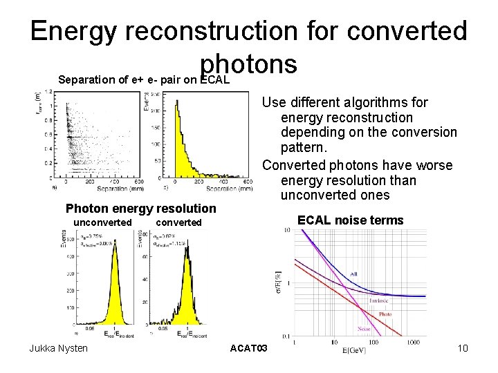 Energy reconstruction for converted photons Separation of e+ e- pair on ECAL Photon energy Energy reconstruction for converted photons Separation of e+ e- pair on ECAL Photon energy