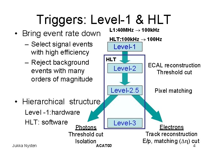 Triggers: Level-1 & HLT • Bring event rate down – Select signal events with Triggers: Level-1 & HLT • Bring event rate down – Select signal events with