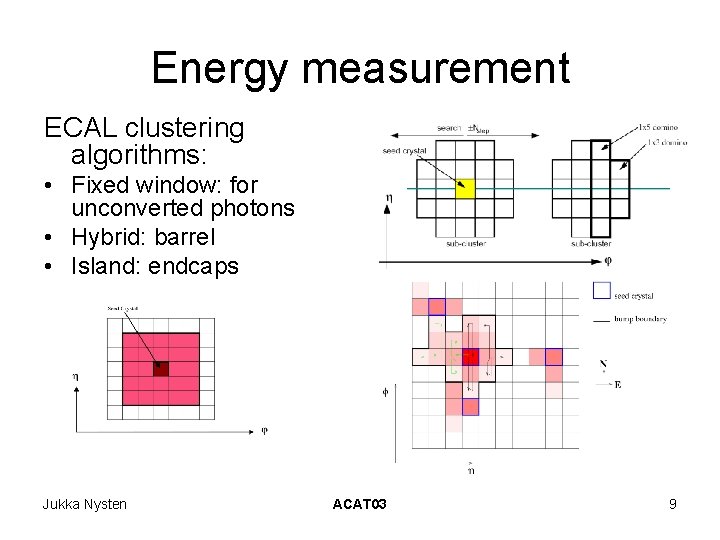 Energy measurement ECAL clustering algorithms: • Fixed window: for unconverted photons • Hybrid: barrel Energy measurement ECAL clustering algorithms: • Fixed window: for unconverted photons • Hybrid: barrel