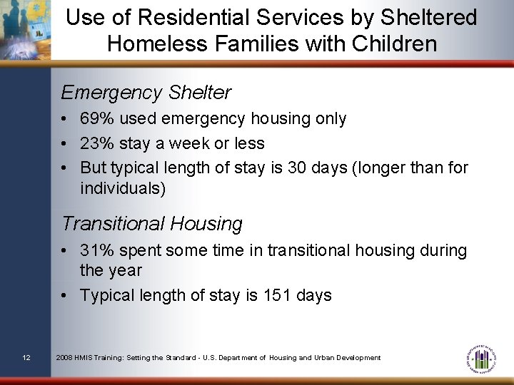 Use of Residential Services by Sheltered Homeless Families with Children Emergency Shelter • 69%