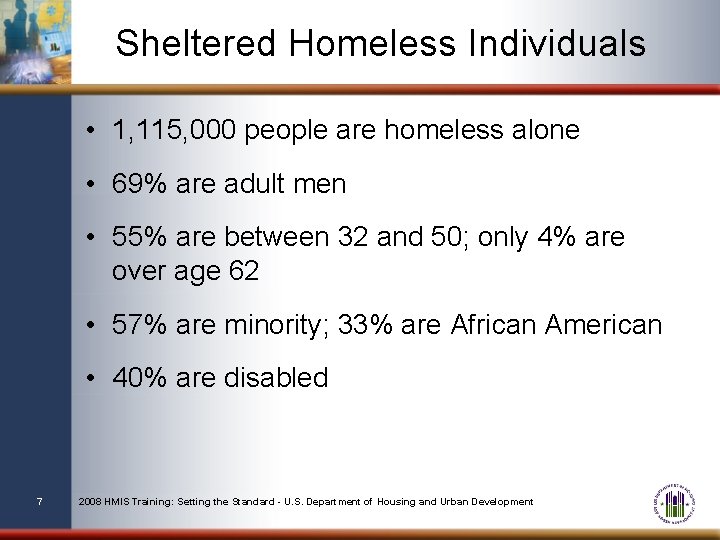 Sheltered Homeless Individuals • 1, 115, 000 people are homeless alone • 69% are