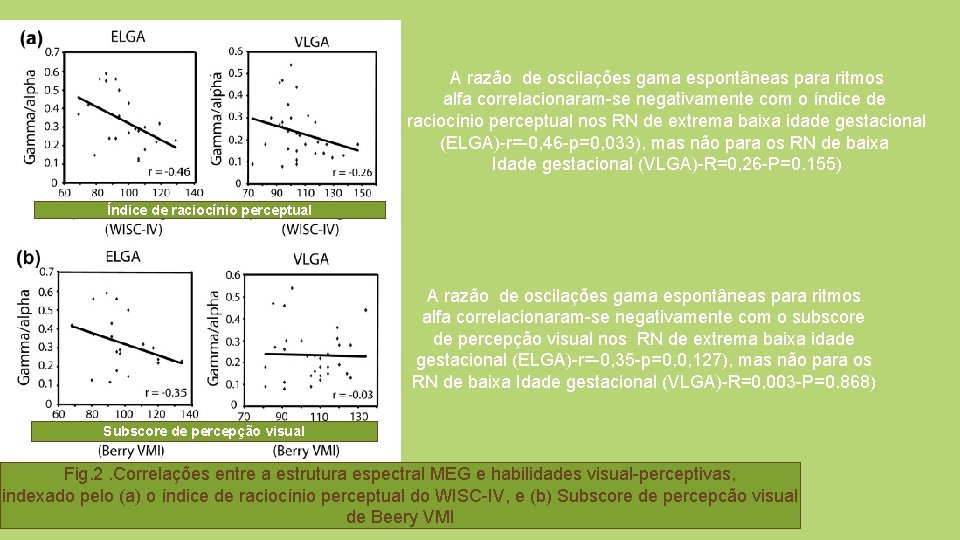 A razão de oscilações gama espontâneas para ritmos alfa correlacionaram-se negativamente com o índice