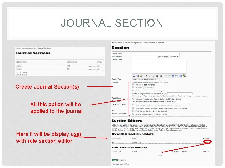 JOURNAL SECTION Create Journal Section(s) All this option will be applied to the journal