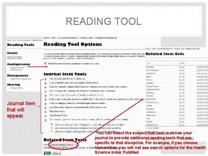 READING TOOL Journal Item that will appear. You can select the subject that best