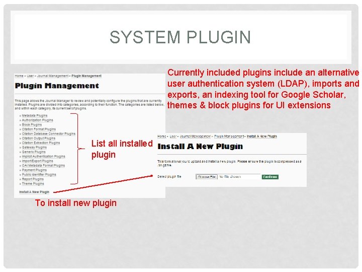 SYSTEM PLUGIN Currently included plugins include an alternative user authentication system (LDAP), imports and