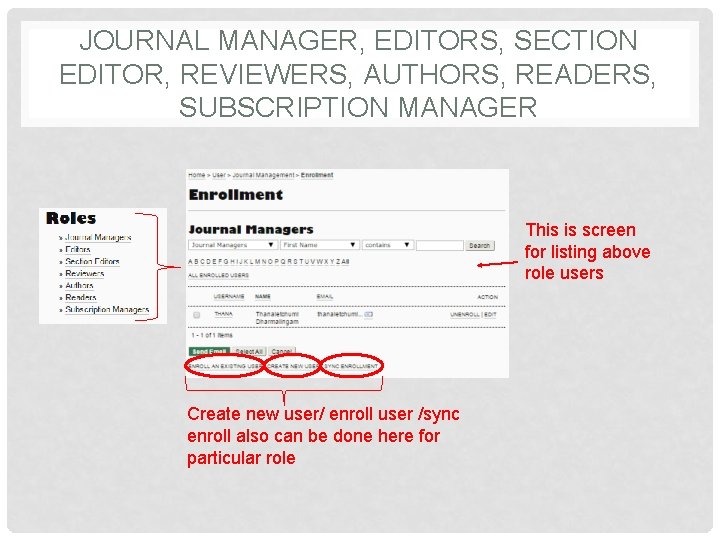JOURNAL MANAGER, EDITORS, SECTION EDITOR, REVIEWERS, AUTHORS, READERS, SUBSCRIPTION MANAGER This is screen for