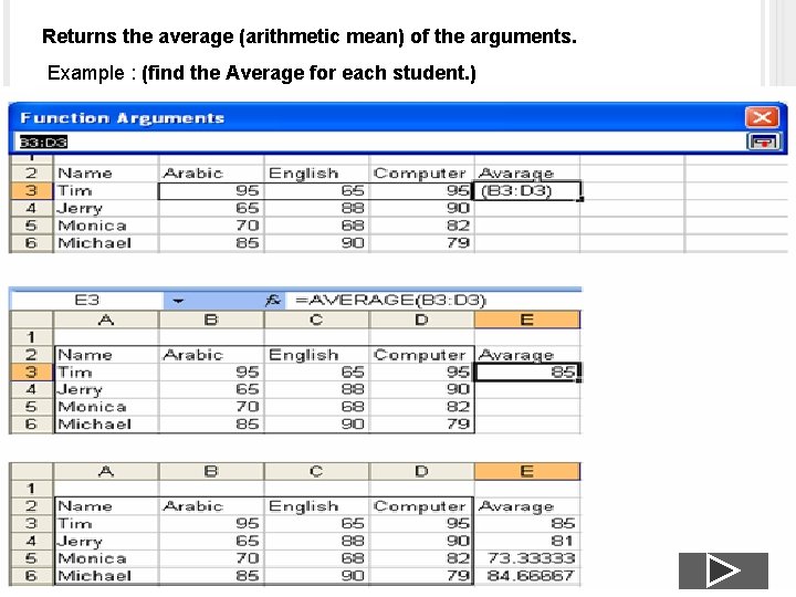 Returns the average (arithmetic mean) of the arguments. Example : (find the Average for